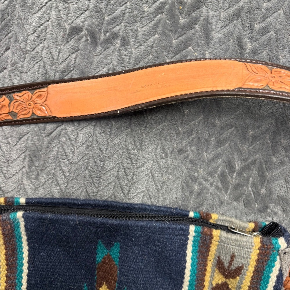 Handmade Southwestern Wool Fringe Blanket Crossbody Bag Tooled Leather Strap - Picture 6 of 9